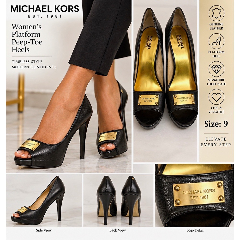 Michael Kors Women's Black Leather Platform Peep Toe Slip On Heels 9